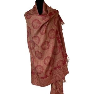 NWT Essential Classic Wool Patterned Shawl‎ Red Pink Gold Fringe 42x82 India